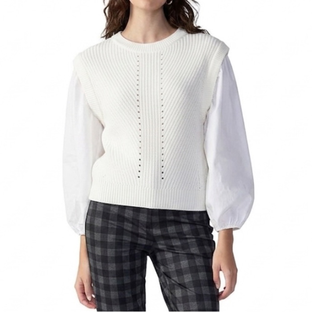 Sanctuary 2 Become 1 Mixed Media Sweater Vest Puff Sleeve Top Cream White Large